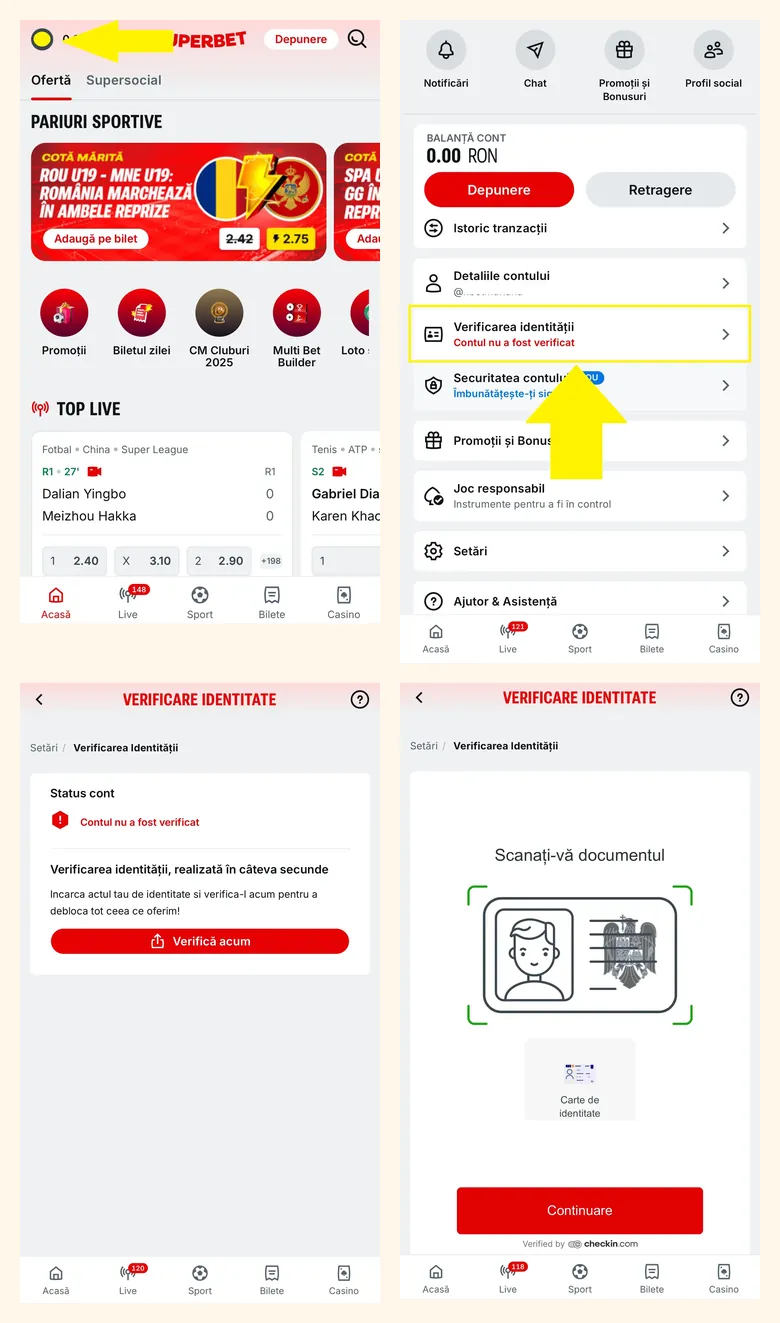 Verificarea identitatii la casino online, pasii 1-4 (exemplu Superbet)