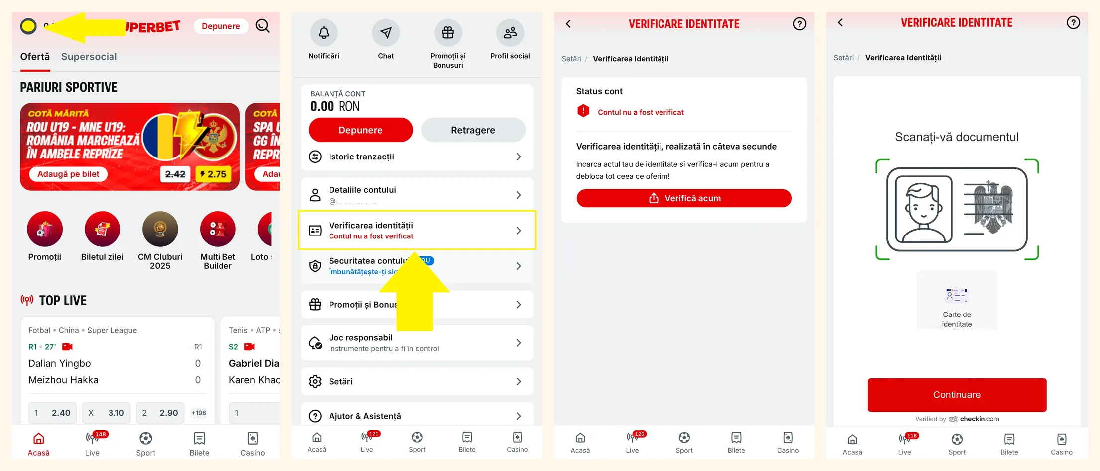 Verificarea identitatii la casino online, pasii 1-4 (exemplu Superbet)