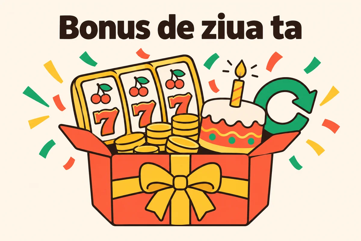 Cutie cadou cu rotiri gratuite la un slot video, monede si tort aniversar, pentru bonusul de ziua ta la casino