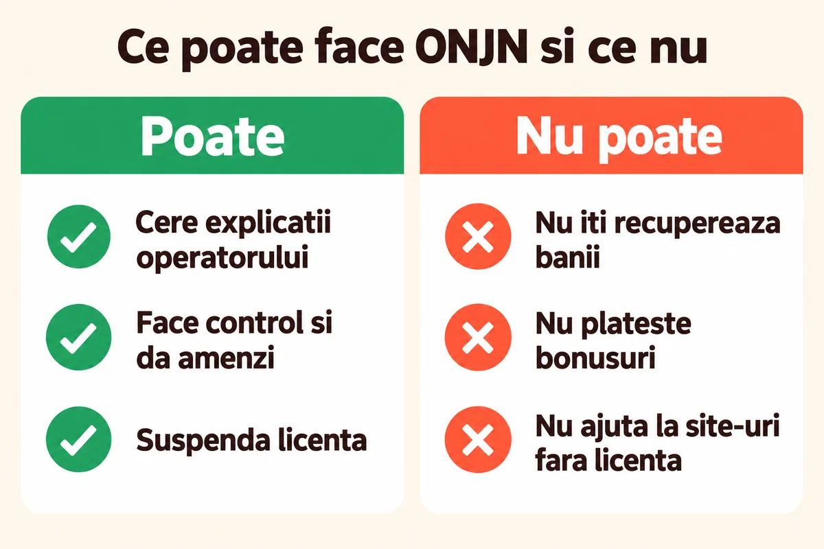 Ce poate face ONJN: cere explicatii operatorului, face control si da amenzi, suspenda licenta. Ce nu poate: nu iti recupereaza banii, nu plateste bonusuri, nu ajuta la site-uri fara licenta