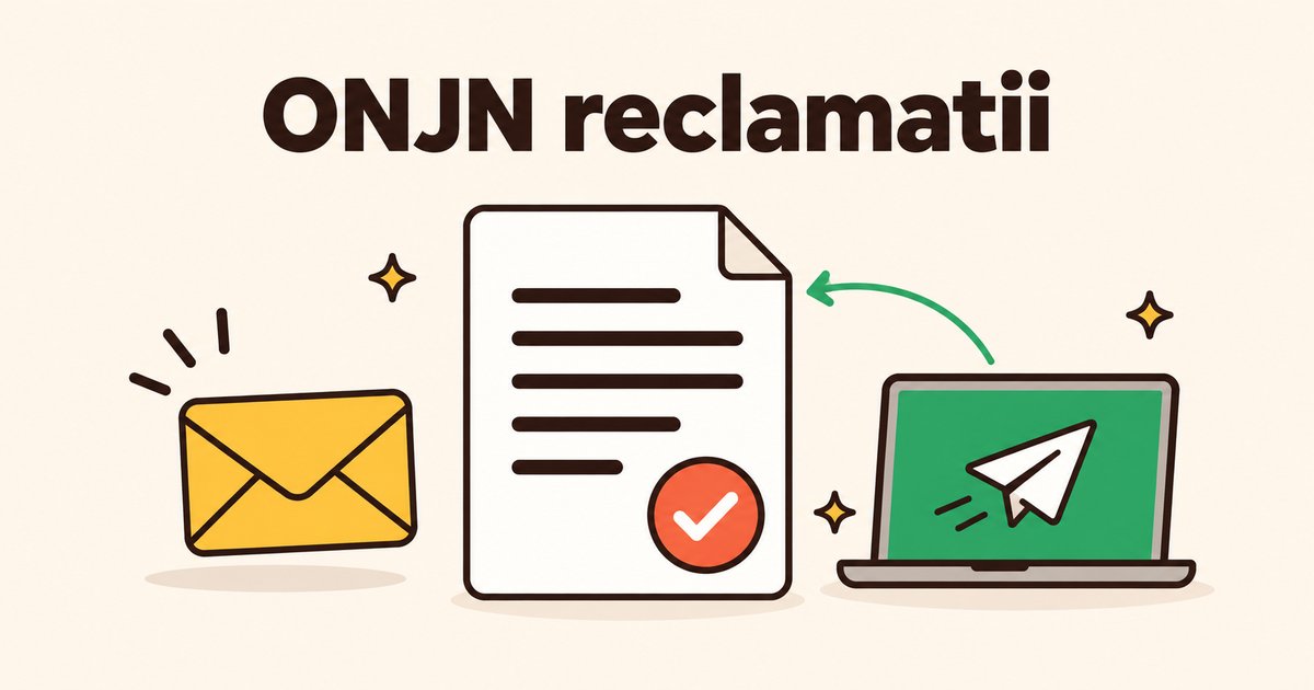 ONJN reclamatii: plic, petitie cu bifa si laptop care trimite sesizarea